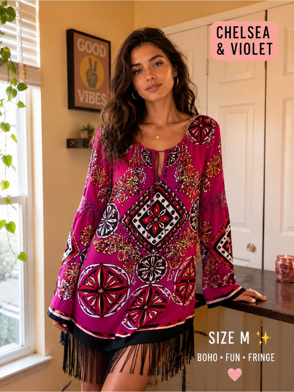 Chelsea & Violet Fuchsia Geometric Boho Fringe Tunic - Picture 1 of 9